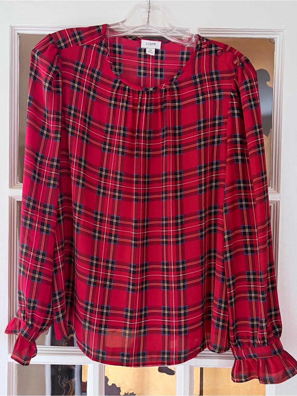 J Crew Red Tartan Plaid Ruffle Cuff Blouse Long Sleeve Pullover Top SZ M Holiday